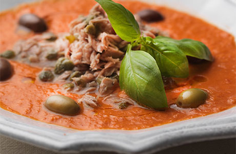Gazpacho with tuna, capers and Taggiasca olives